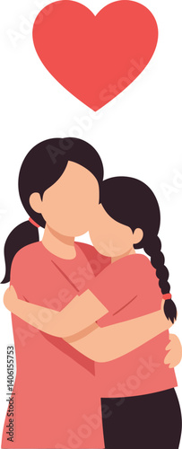 Two women embracing each other in a heartwarming scene with minimal flat design vector art