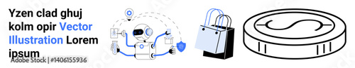 Robot analyzing purchase data, shopping bags symbolizing e-commerce, digital coin representing secure online transactions. Ideal for online shopping, financial technology, AI, cybersecurity