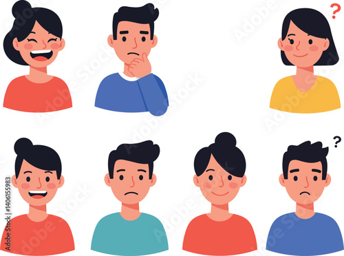 A collection of diverse facial expressions in flat design style showcasing emotions vector illustration