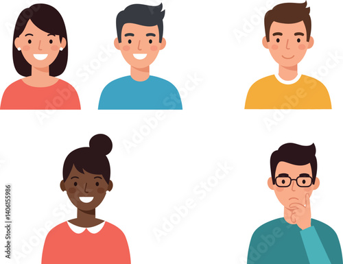 Four diverse individuals smiling and thinking in a flat, minimal design vector illustration
