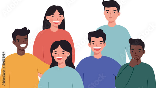 Group of diverse young adults smiling together in minimal flat vector art