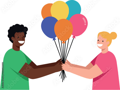 Two friends joyfully sharing colorful balloons in a flat vector illustration
