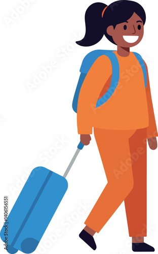 Happy traveler with a suitcase wearing bright orange attire in flat vector art
