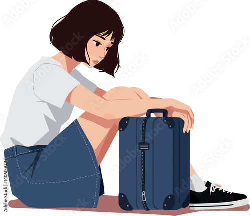 Young woman sitting beside a suitcase in casual attire, flat vector illustration