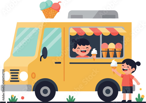 A cheerful ice cream truck in a sunny park featuring flat vector art with happy children enjoying ice cream treats