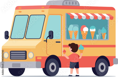 A cheerful boy enjoying ice cream from a colorful food truck in flat vector art