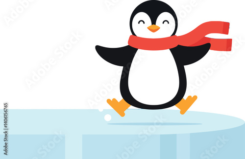 Happy penguin wearing a red scarf joyfully sliding on ice in flat vector illustration