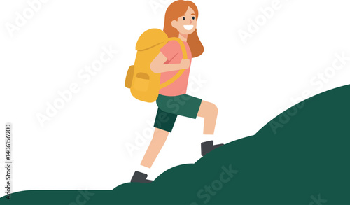 Young woman hiking on a green slope with a yellow backpack in flat vector art