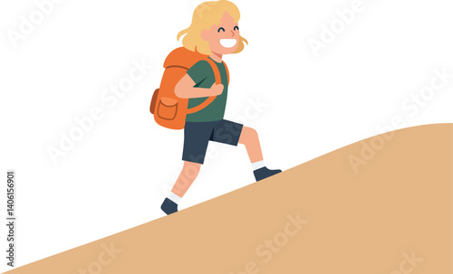 Child with a backpack climbing a sandy hill in a cheerful flat vector illustration