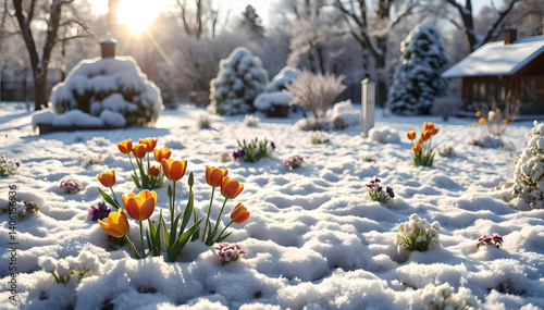 Frozen grass and colorful flowers defy winter’s chill, glowing with icy beauty amidst snow-covered trees—nature’s vibrant resilience preserved in a crystal garden