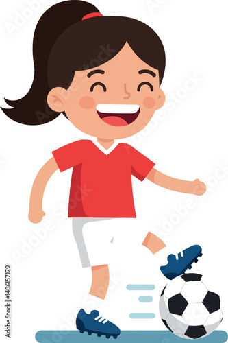 A cheerful girl in a red jersey joyfully kicking a soccer ball in a playful, flat vector illustration