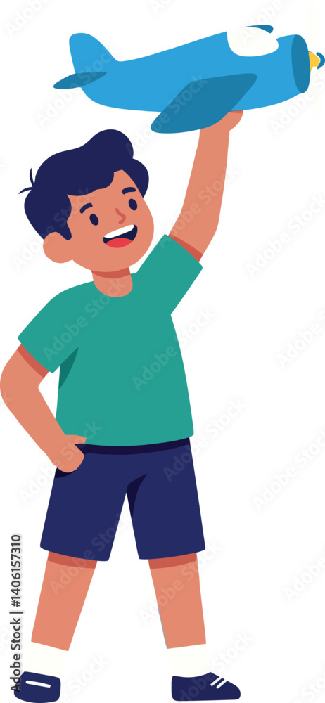 Fototapeta premium Happy boy holding a blue toy airplane in a playful, colorful flat vector illustration