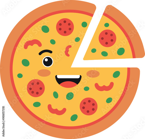 Happy cartoon pizza character with sliced piece, flat design, joyful expression, vector illustration