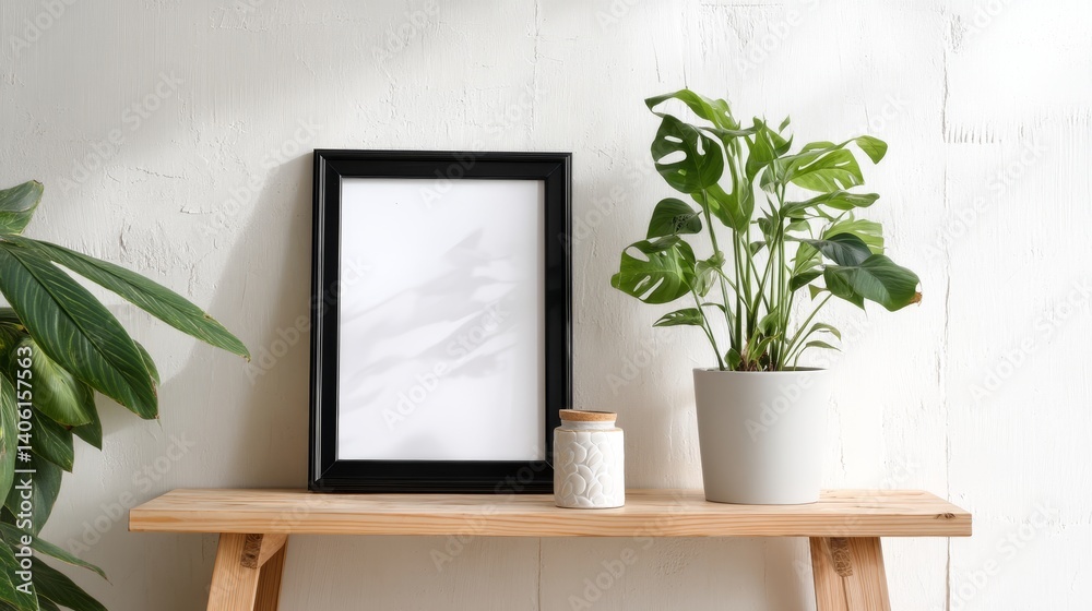 Fototapeta premium Black empty picture frame and houseplant. Hygge style decor