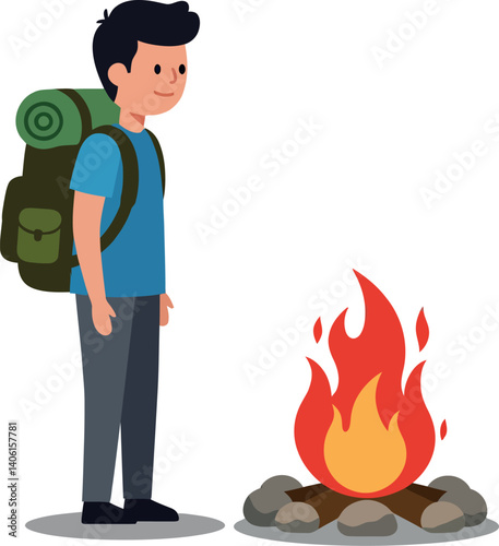 Young backpacker standing beside a campfire in a flat vector art style