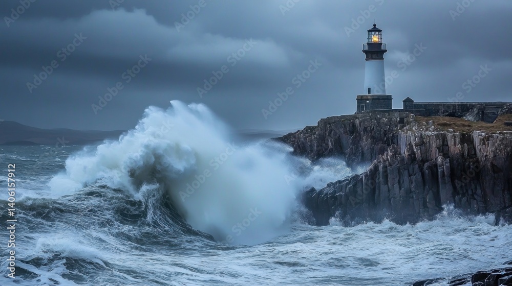 Powerful waves crash against a coastal lighthouse during a stormy evening. Powerful waves crash against a coastal lighthouse during a stormy evening.