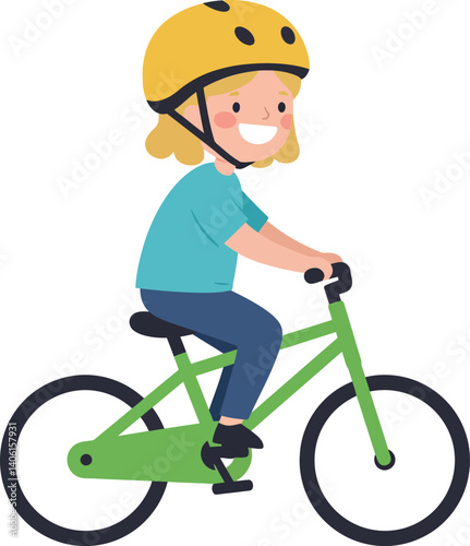 Happy child riding a green bicycle in a flat design style vector illustration