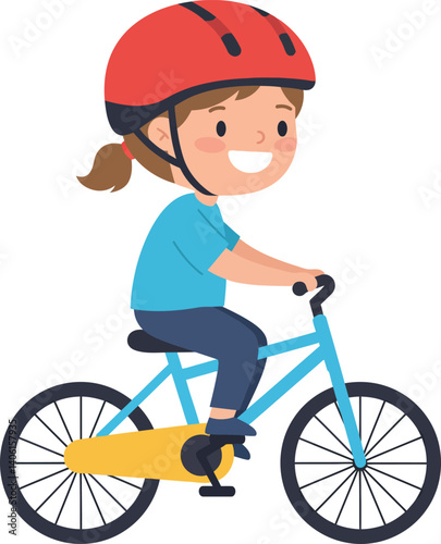 A cheerful girl riding a blue bicycle with a red helmet in a flat vector illustration