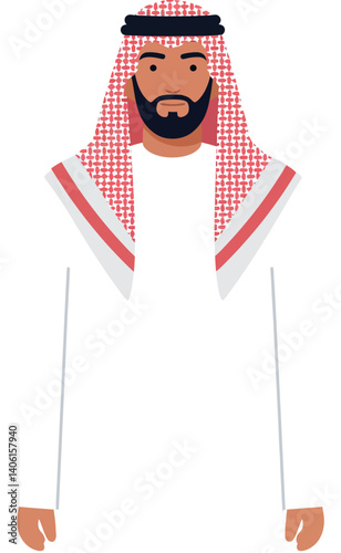 Man in traditional attire with headdress standing confidently in a flat vector illustration