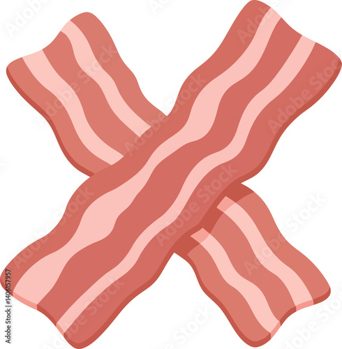 Two strips of crispy bacon arranged in a cross pattern, flat design vector art