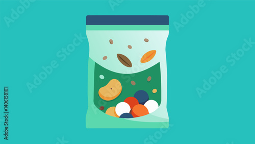 A pack of organic ethicallysourced trail mix stored in a durable and washable silicone pouch reducing plastic waste.. Vector illustration