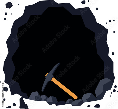 Mining cave entrance with pickaxe in flat style vector art