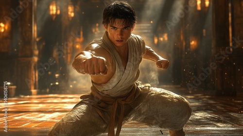 Dynamic Martial Arts Pose in a Sunlit Dojo Setting