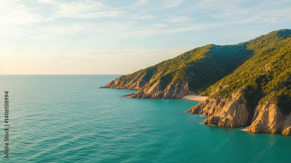 Fototapeta premium Scenic coastline with clear waters and lush hills.