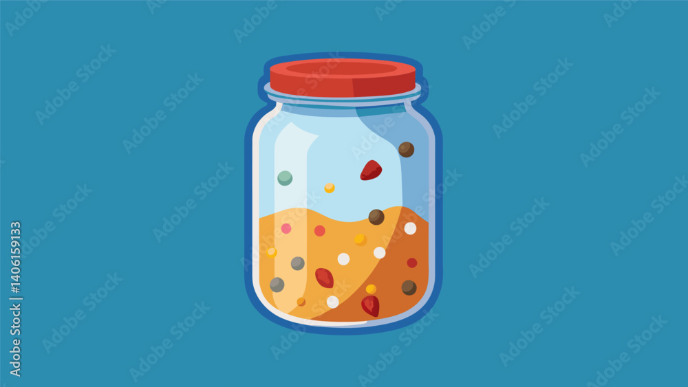 A clear glass jar filled with colorful granola topped with a few strategically p dried fruit pieces and a light dusting of powdered sugar.. Vector illustration A clear glass jar filled with colorful granola topped with a few strategically p dried fruit pieces and a light dusting of powdered sugar.. Vector illustration