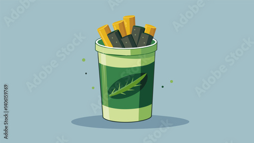 A pack of roasted seaweed snacks packaged in a cardboard tube with a compostable lid providing a sustainable and nutritious option for snacking.. Vector illustration