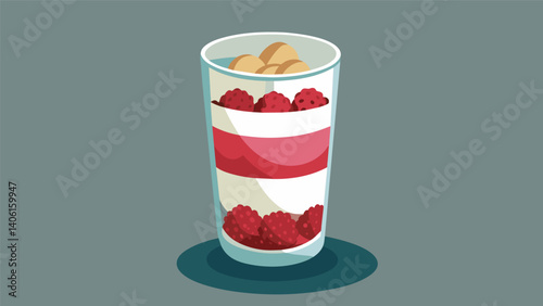 A parfait glass is filled with alternating layers of raspberryinfused homemade granola and tangy Greek yogurt creating a beautiful and delicious. Vector illustration