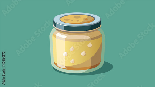 A jar of freshlymade hummus sold in a glass jar with a metal lid promoting a zerowaste and sustainable snacking option.. Vector illustration