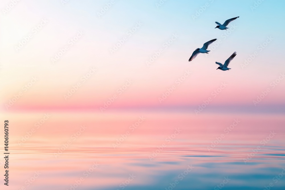 Fototapeta premium Birds flying over water at sunset nature background pastel sky
