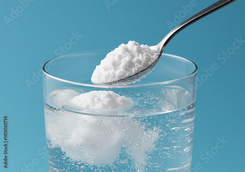 Baking soda powder paired with mineral water, a simple yet effective combination for healthy food and wellness, emphasizing natural ingredients and refreshing, versatile uses in everyday routines