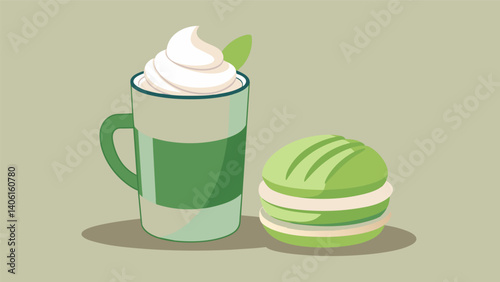 A frothy matcha latte accompanied by a creamy green tea flad macaron.. Vector illustration