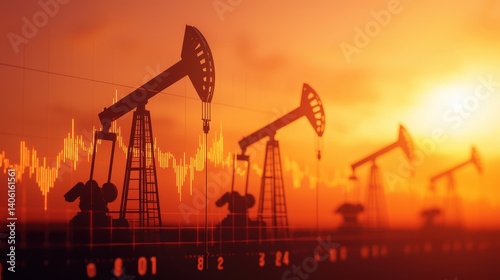 Oil pumps operate at sunset, silhouetted against a vibrant orange sky while oil prices fluctuate on a digital screen, highlighting the connection between energy production and market dynamics photo