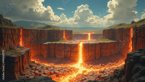 A dramatic landscape featuring a canyon with glowing lava flows cutting through the rocky terrain, under a sky filled with clouds. Generative, AI,