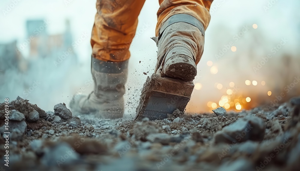 Fototapeta premium A worker using a jackhammer to break concrete on a road construction site, Construction, Powerful and skilled