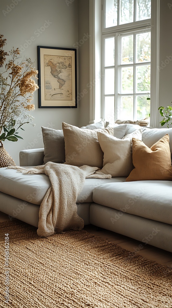 Cozy Living Room Interior Featuring Plush Sofa, Pillows, Natural Light, Textured Rug, and Map Art Creating a Comfortable Ambiance