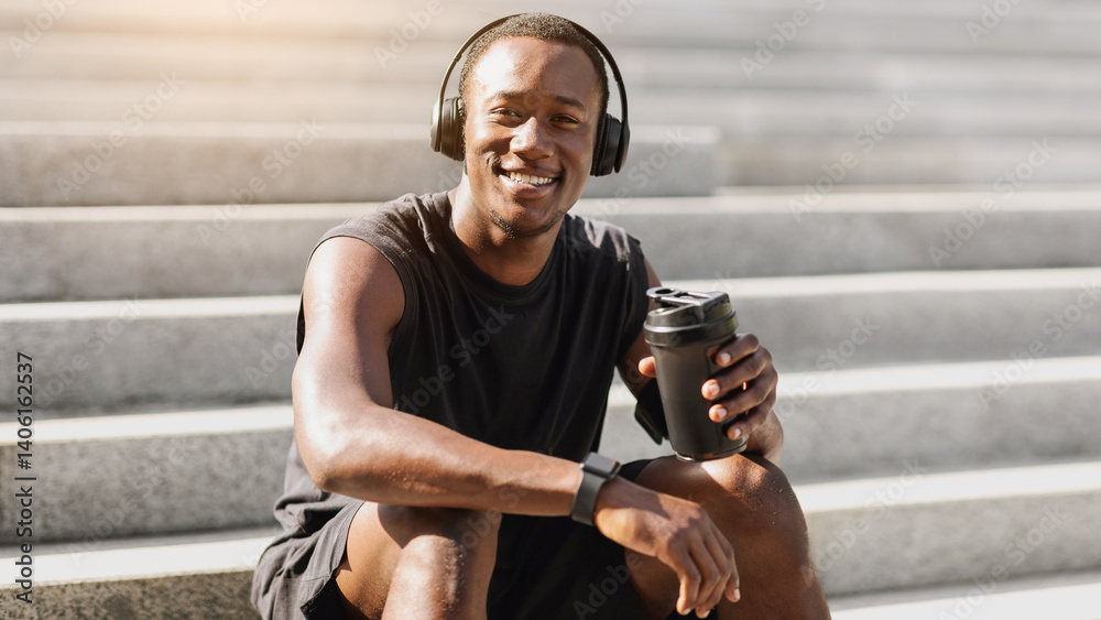 Fototapeta premium Positive Black Sportsman In Wireless Headphones Resting After Jogging Outdoors, Drinking Water, Sitting On Urban Steps And Smiling At Camera