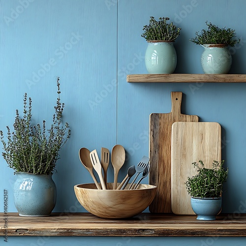 Rustic Kitchen Still Life: Wooden Utensils, Cutting Boards, and Potted Herbs on Shelves Against a Textured Blue Wall.
