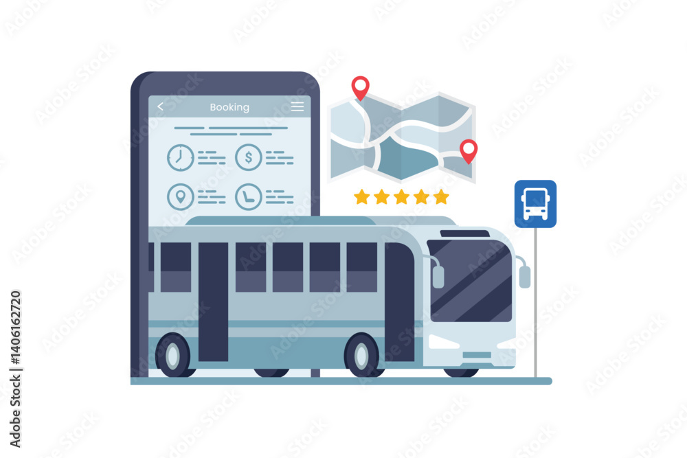 Smart Bus ticket online booking system. Modern bus ticket booking concept, featuring a digital platform where users can book tickets via a mobile app vector illustration Smart Bus ticket online booking system. Modern bus ticket booking concept, featuring a digital platform where users can book tickets via a mobile app vector illustration