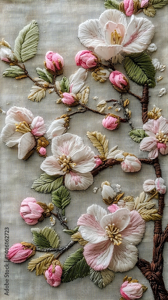 A blooming apple branch with soft pink blossoms, embroidered with Ukrainian ornaments A blooming apple branch with soft pink blossoms, embroidered with Ukrainian ornaments