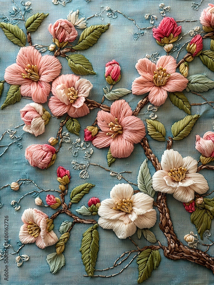 Fototapeta premium A blooming apple branch with soft pink blossoms, embroidered with Ukrainian ornaments