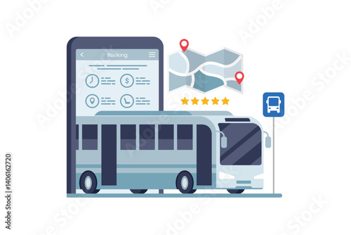 Smart Bus ticket online booking system. Modern bus ticket booking concept, featuring a digital platform where users can book tickets via a mobile app vector illustration