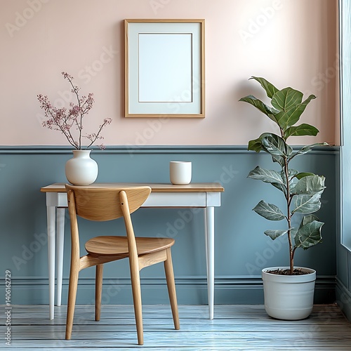 Stylish Home Interior Featuring Wooden Desk, Chair, Plant, and Blank Picture Frame Against Two-Tone Wall.