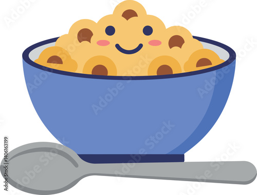 Cheerful bowl of cereal with a smiley face in a flat vector illustration