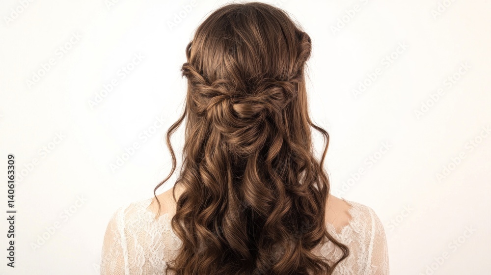 Fototapeta premium Elegant, textured updo hairstyle for long brown hair.