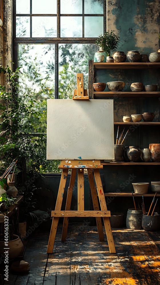 Art Studio with Wooden Easel, Blank Canvas, Natural Light, Shelves of Pottery, and Green Plants Creating Creative Atmosphere