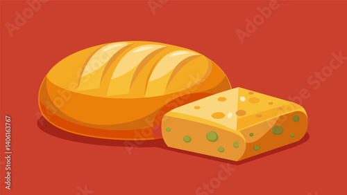 A loaf of crusty chewy bread still warm from the oven accompanied by a wedge of sharp and tangy cheese.. Vector illustration